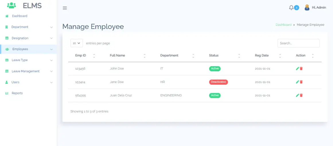 Employee Leave Management Free Bootstrap Template - Employee Management