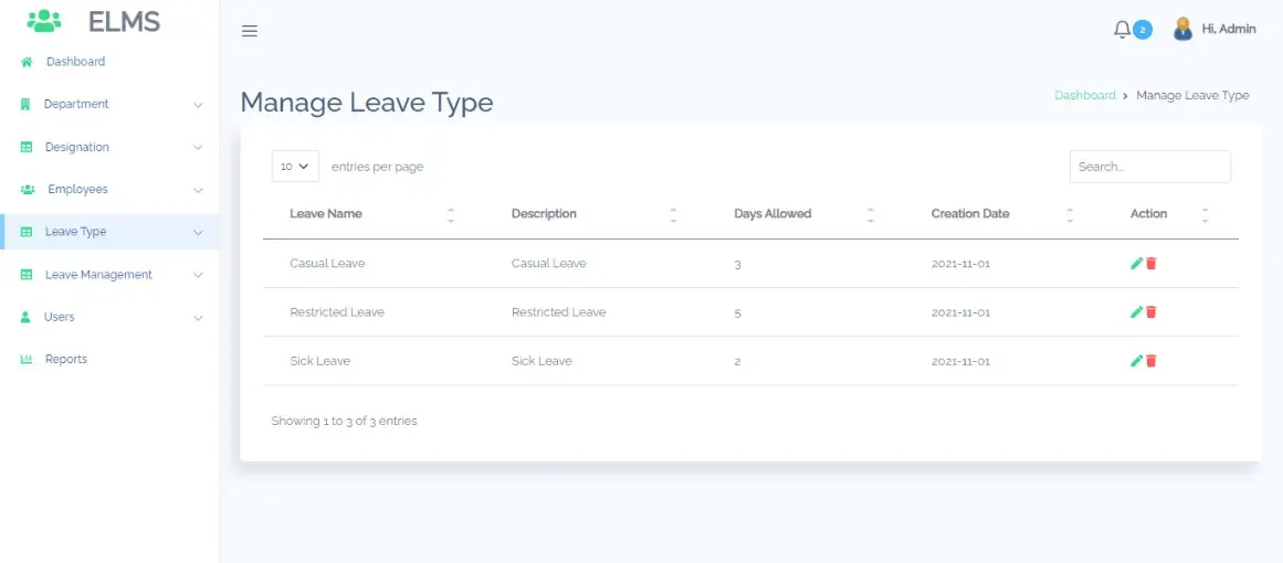 Employee Leave Management Free Bootstrap Template - Leave Type Management
