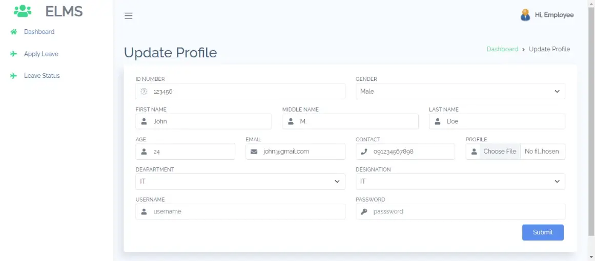 Employee Leave Management Free Bootstrap Template - Profile Update