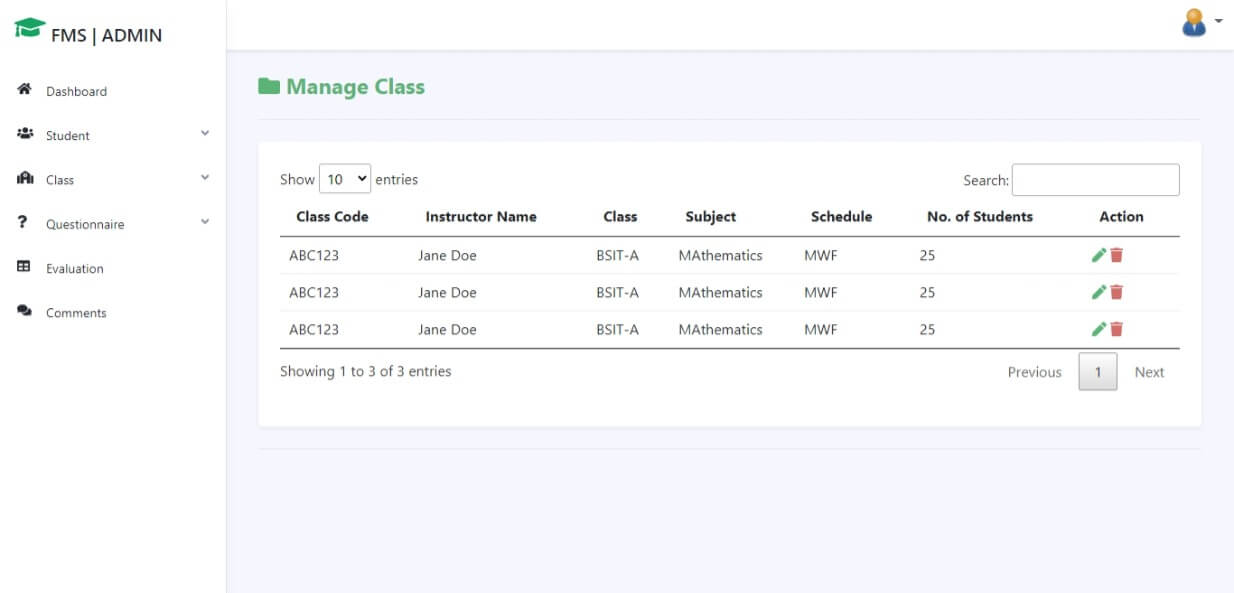 Faculty Evaluation System Free Download Bootstrap Template - Class Management