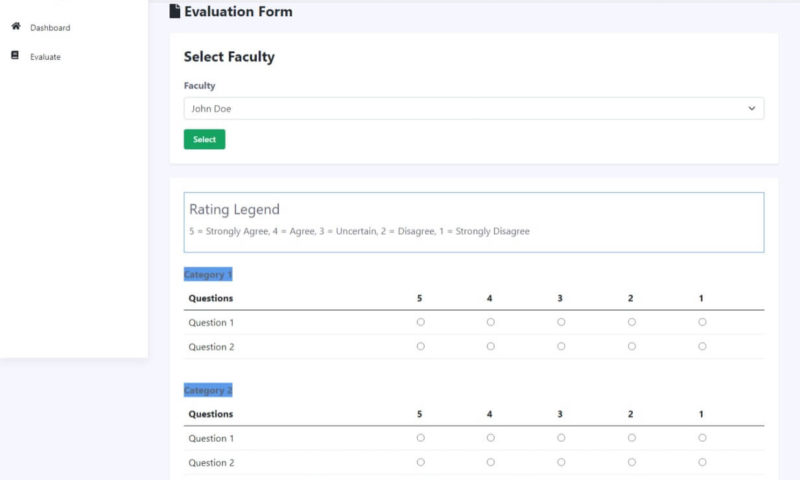 Faculty Evaluation System Free Download Bootstrap Template - Evaluation Form