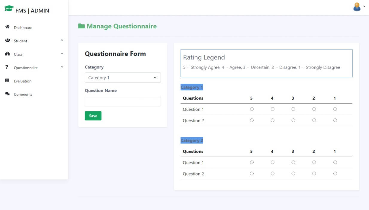 Faculty Evaluation System Free Download Bootstrap Template - Question Management