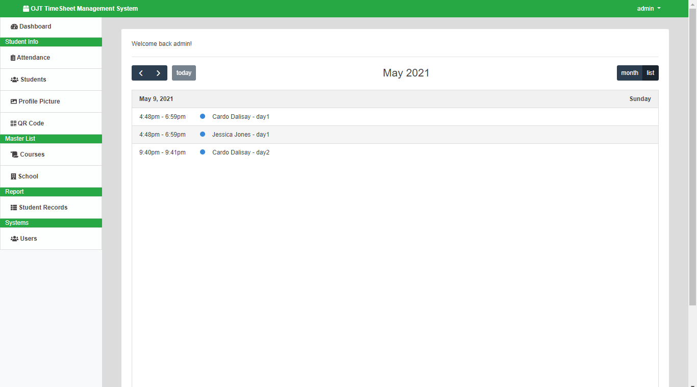 OJT Timesheet Monitoring System using QR Code - Admin Dashboard