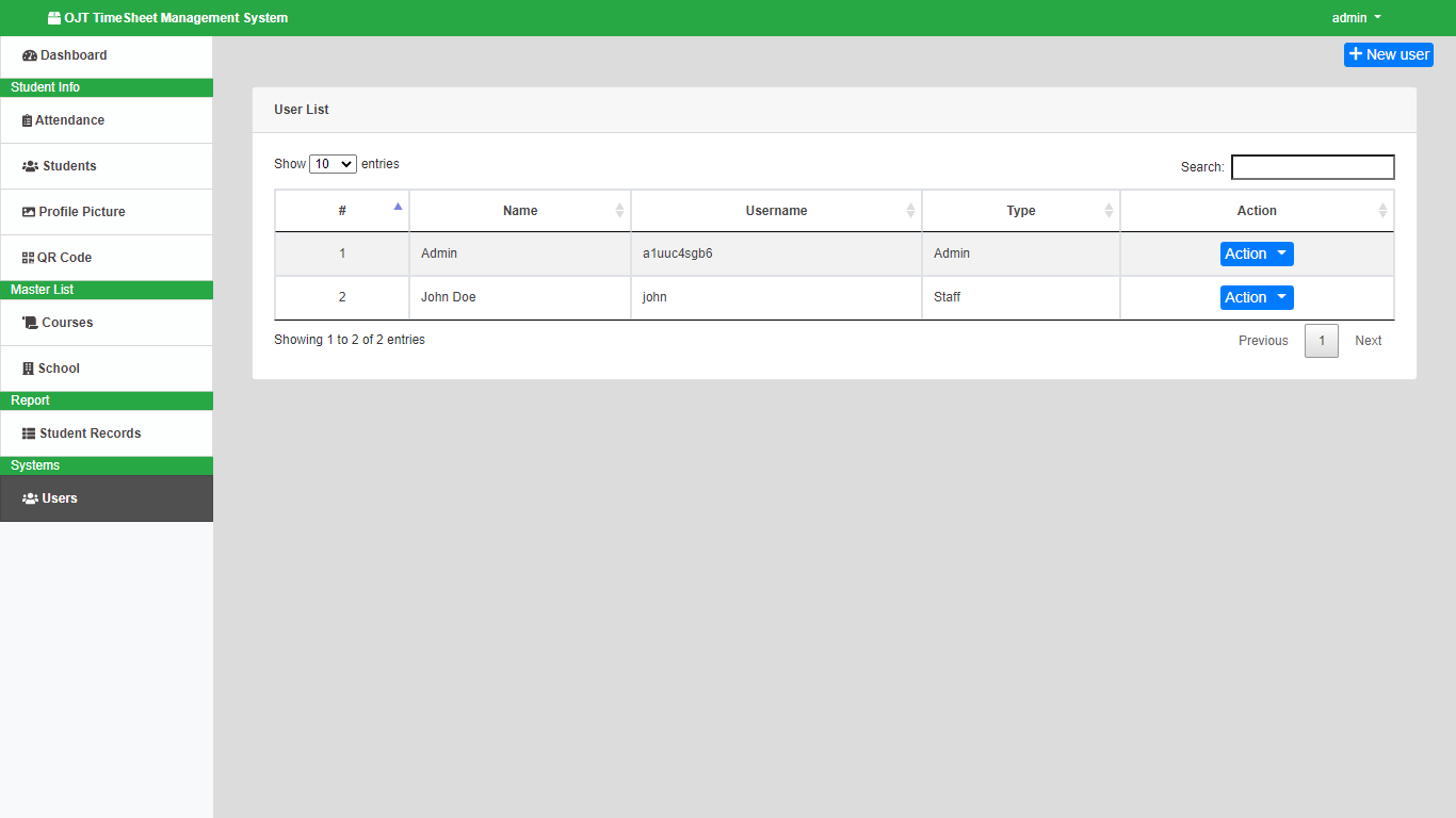 OJT Timesheet Monitoring System using QR Code - List of Users