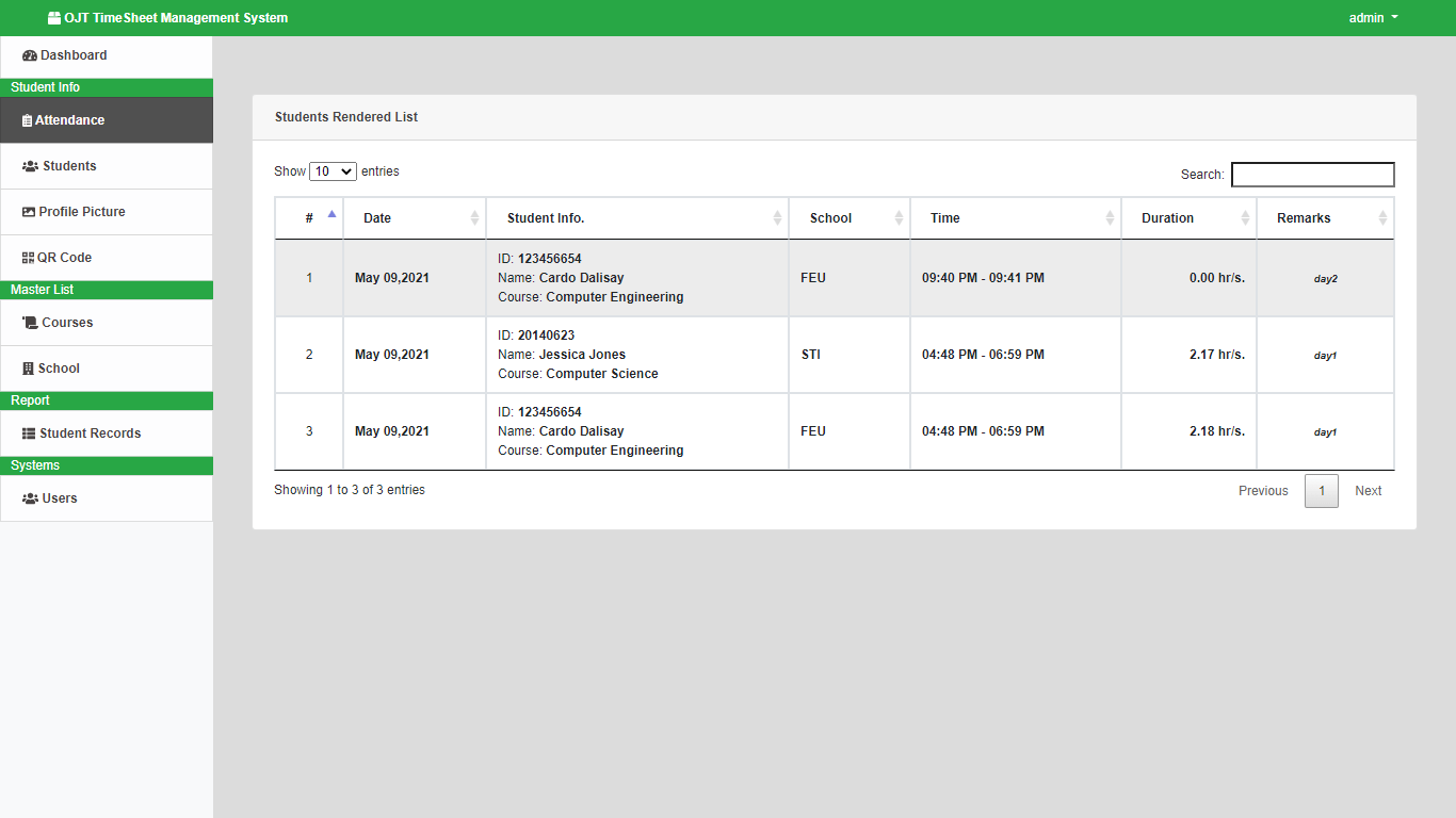 OJT Timesheet Monitoring System using QR Code - Student Rendered List