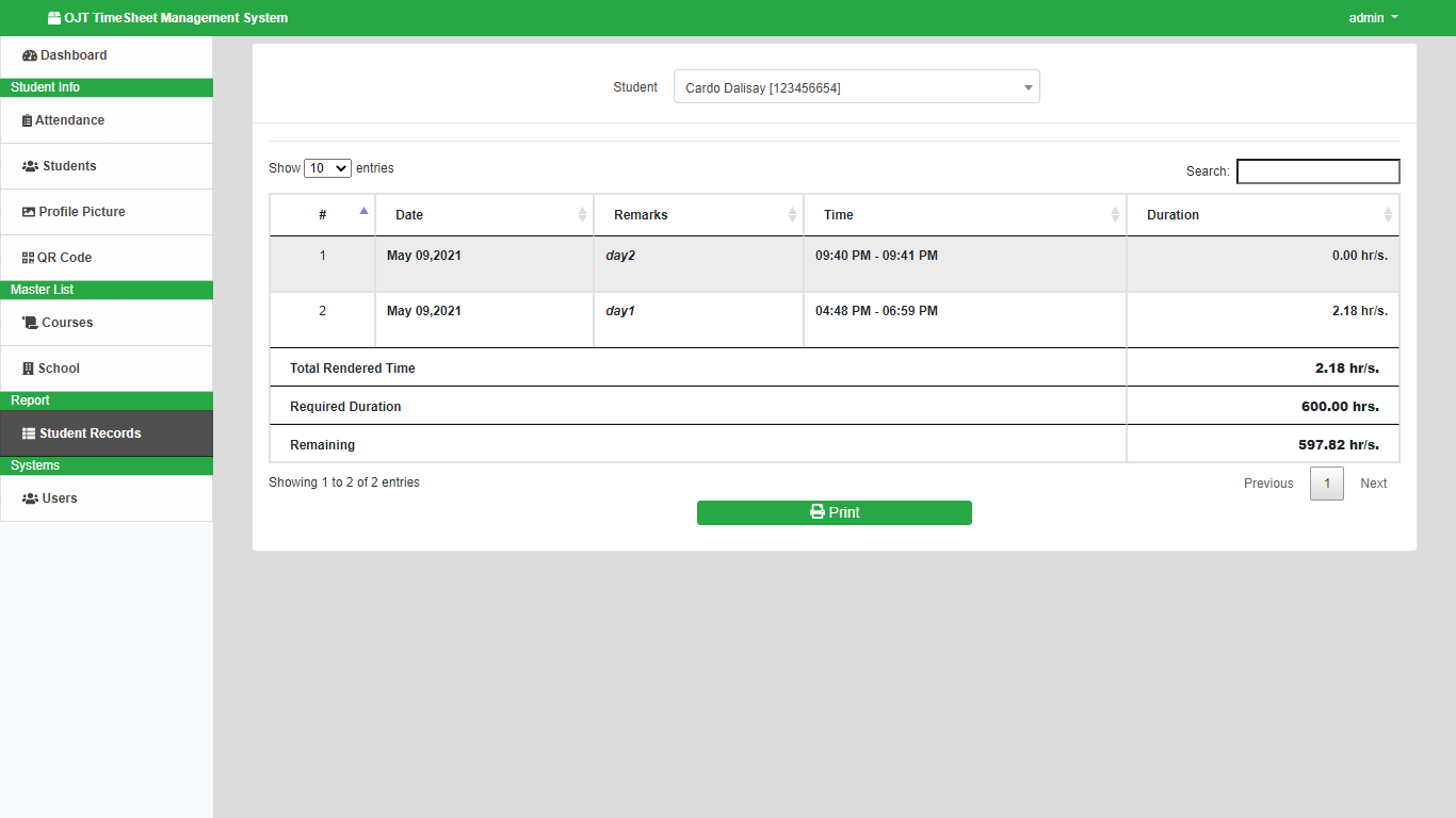 OJT Timesheet Monitoring System using QR Code - Student Timesheet Record