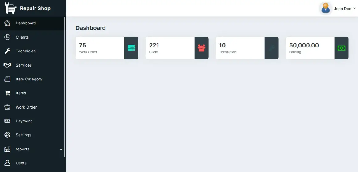 Repair Shop Management System Free Template - Admin Dashboard