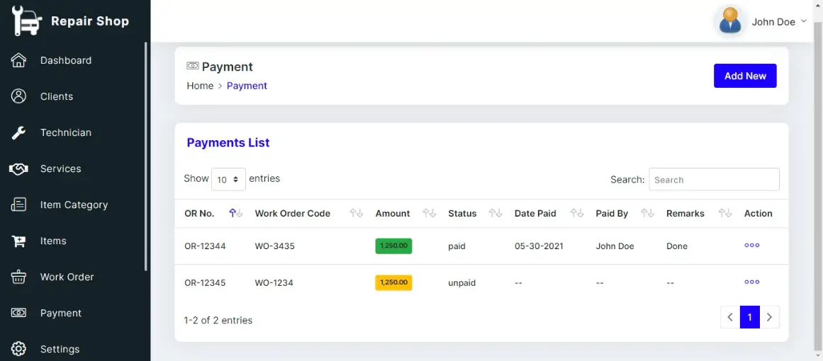 Repair Shop Management System Free Template - Payment List