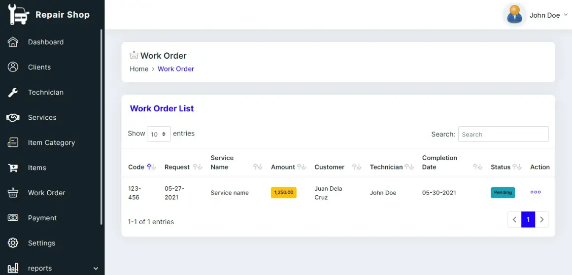 Repair Shop Management System Free Template - Work Order List