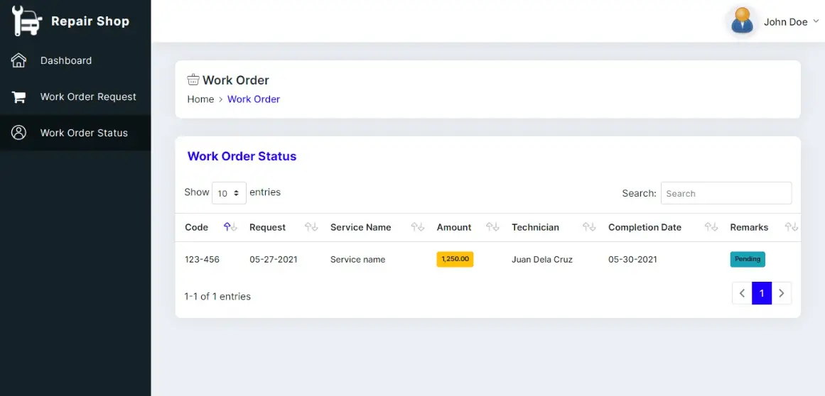 Repair Shop Management System Free Template - Work Order Status