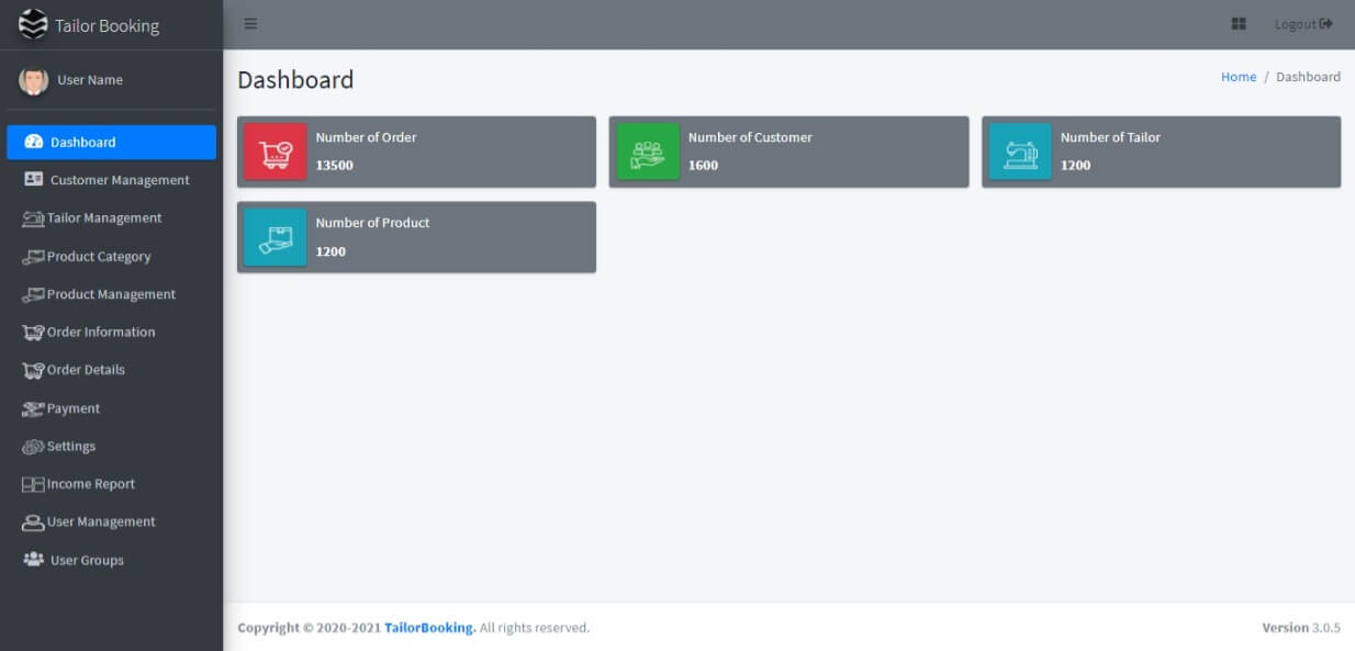 Tailor Booking Management System Free Download Template - Admin Dashboard