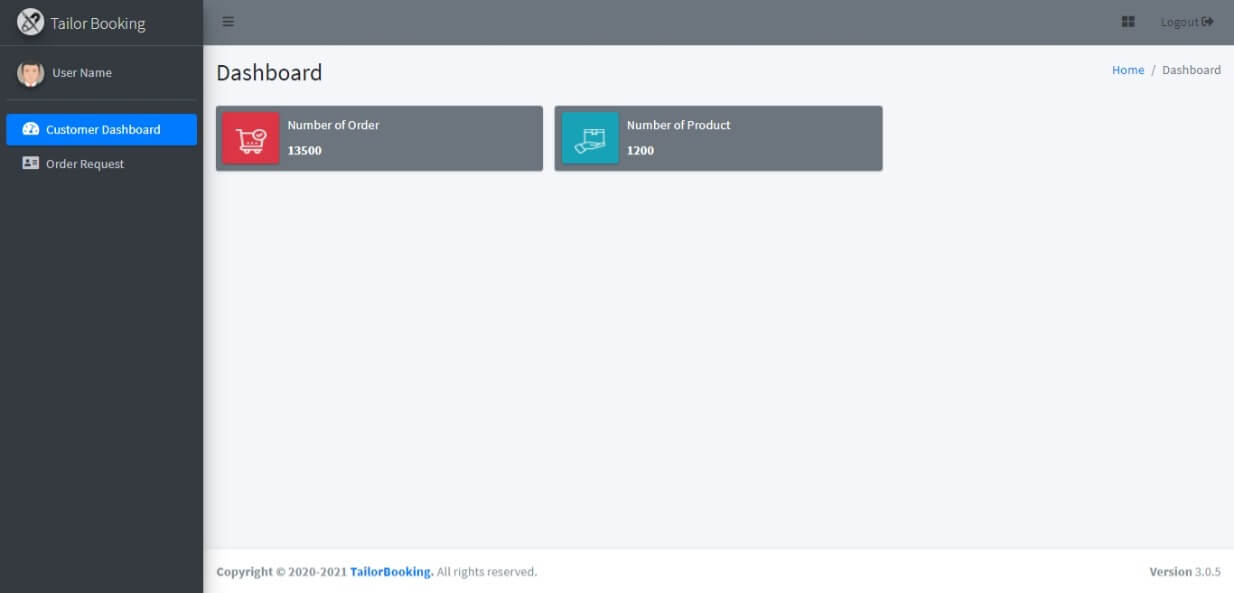 Tailor Booking Management System Free Download Template - Customer Dashboard