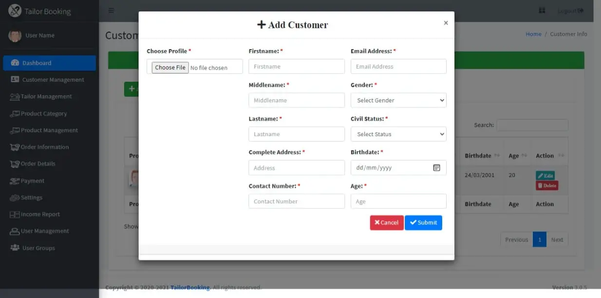 Tailor Booking Management System Free Download Template - Customer Management