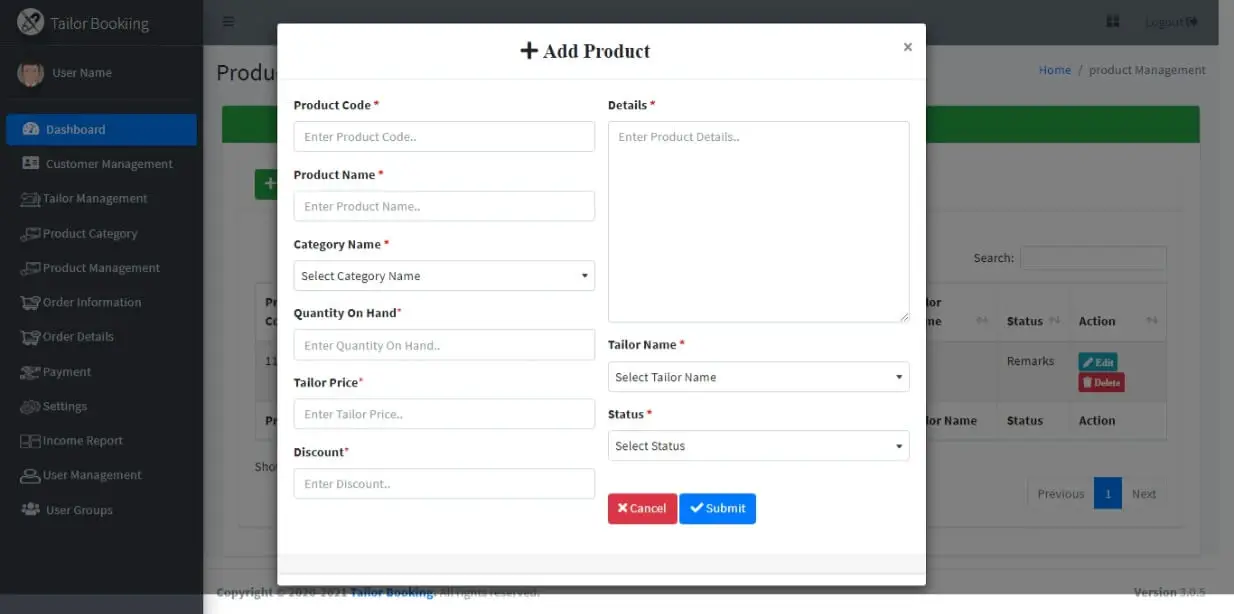 Tailor Booking Management System Free Download Template - Product Management