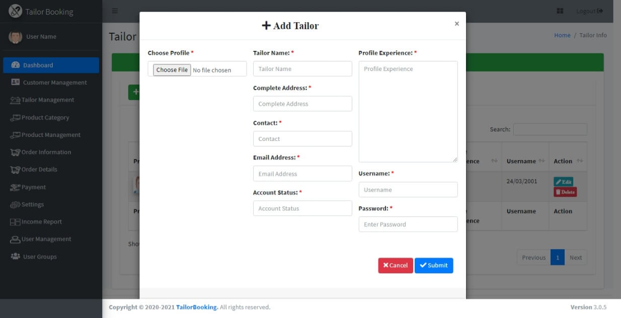 Tailor Booking Management System Free Download Template - Tailor Management