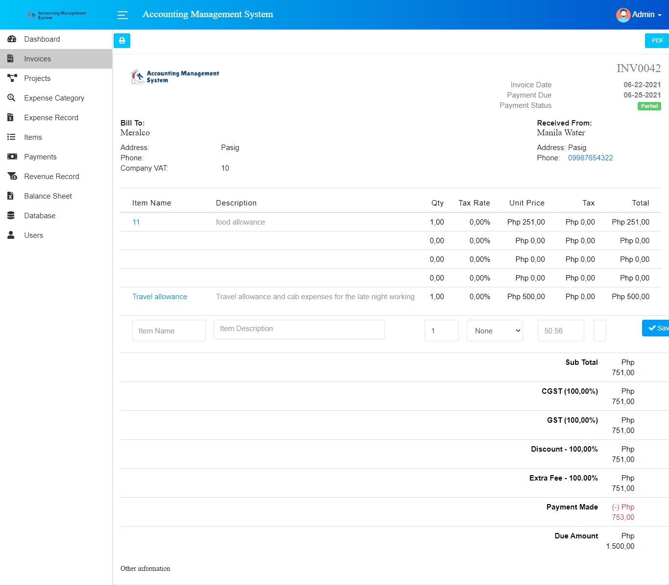 Accounting Management System Free Template - Print Invoice