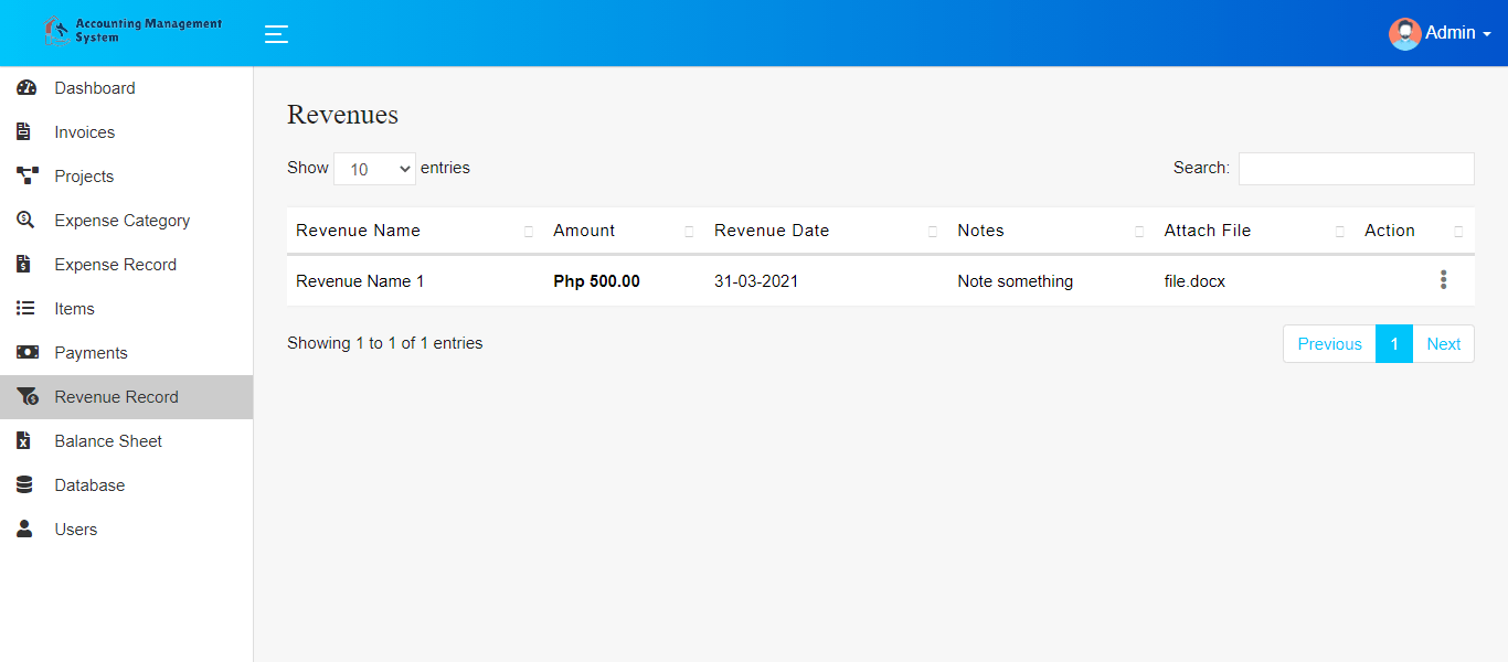 Accounting Management System Free Template - Revenue Record