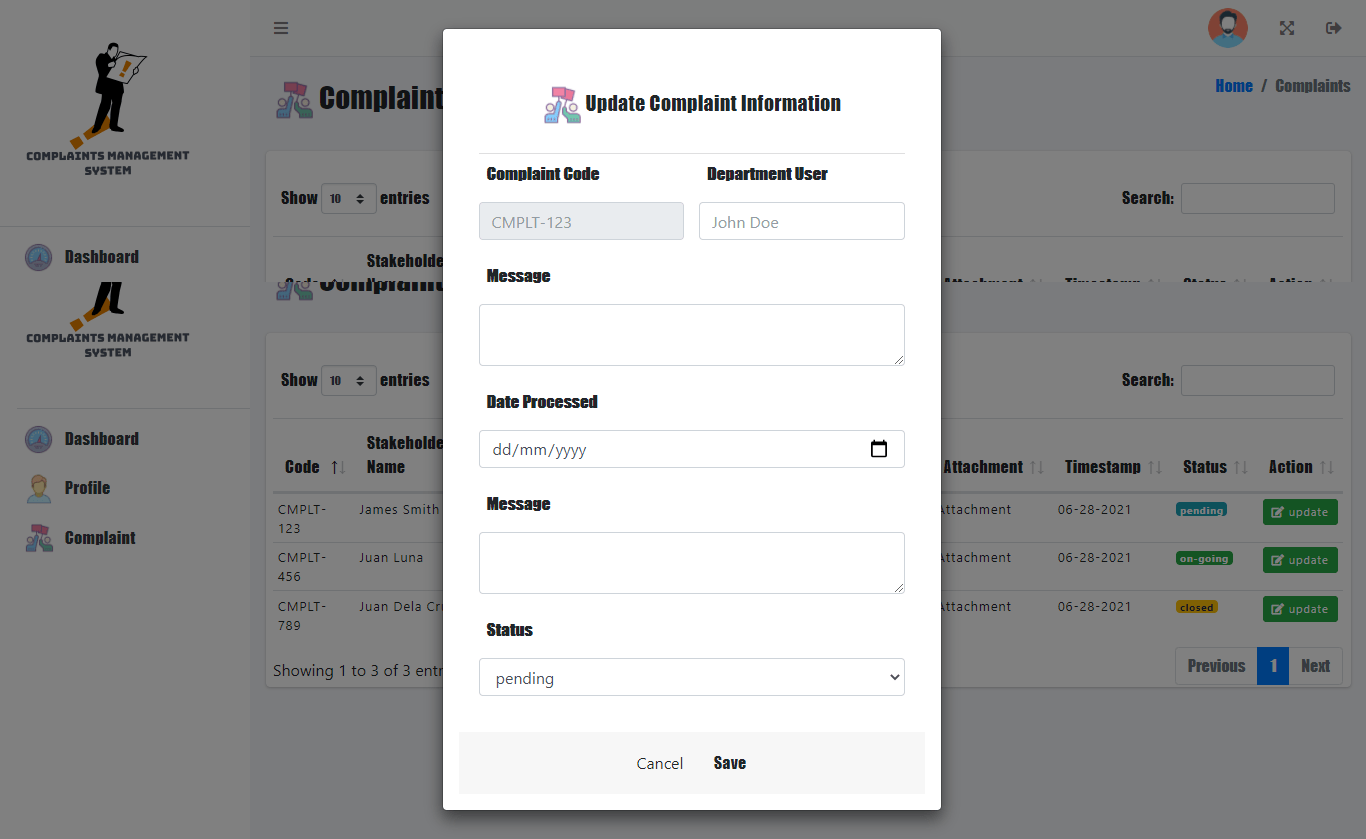 Complaints Handling Management System - Department Update Complaint