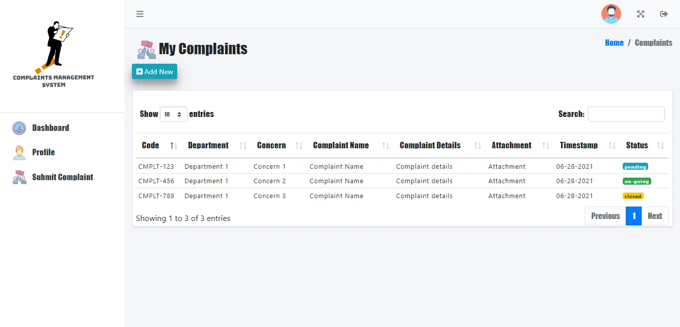 Complaints Handling Management System - Stakeholder Submit Complaint