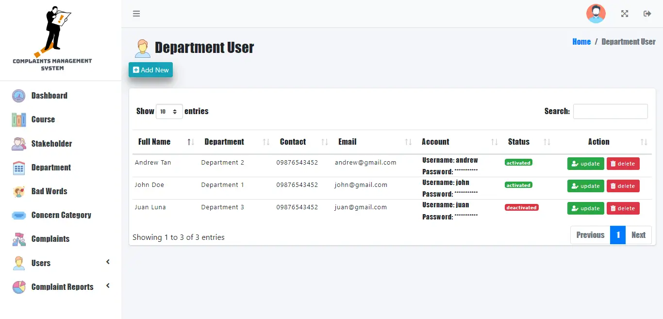 Complaints Handling Management System - User Management