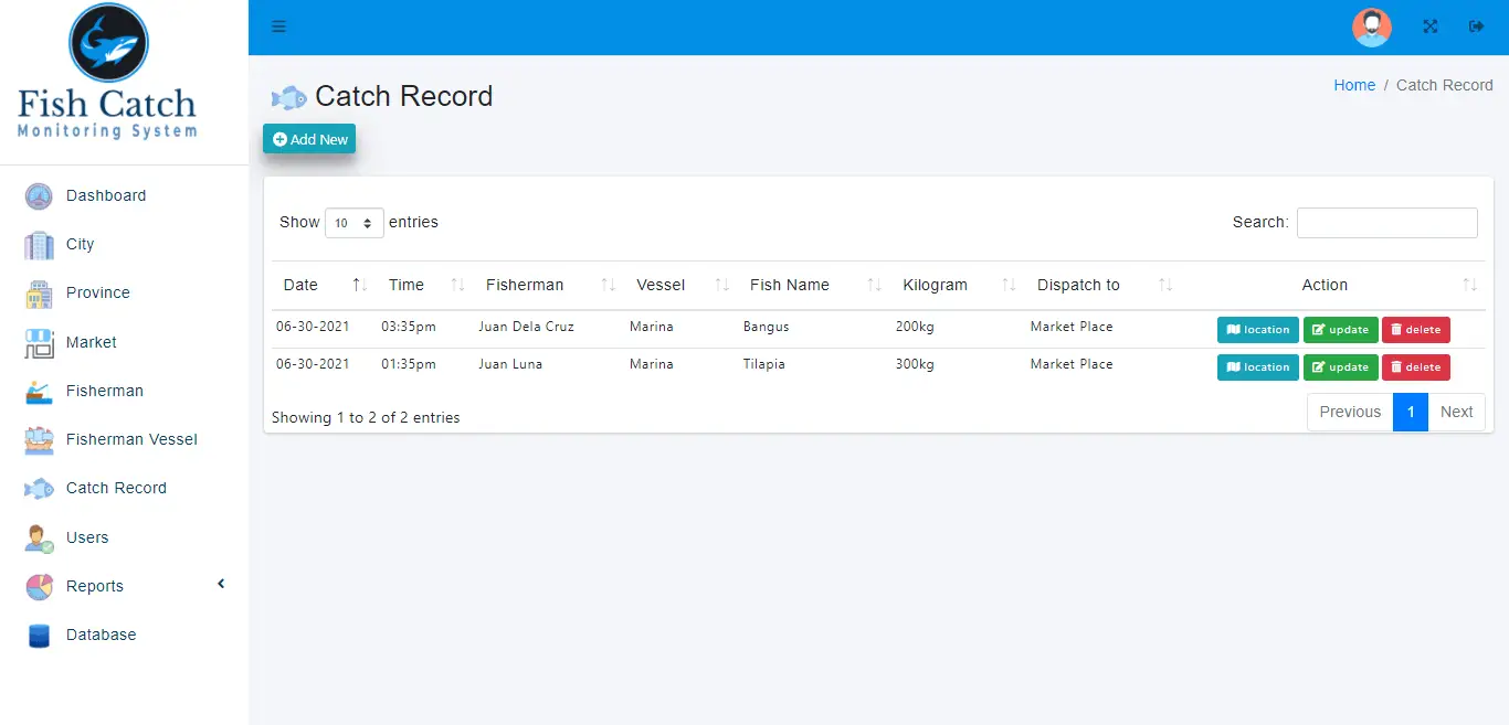 Fish Catch Monitoring System - Fish Catch Record