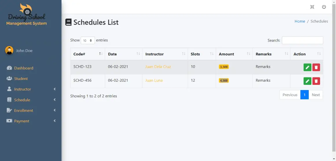 Free Driving School Management System Template - Driving Lesson Schedule