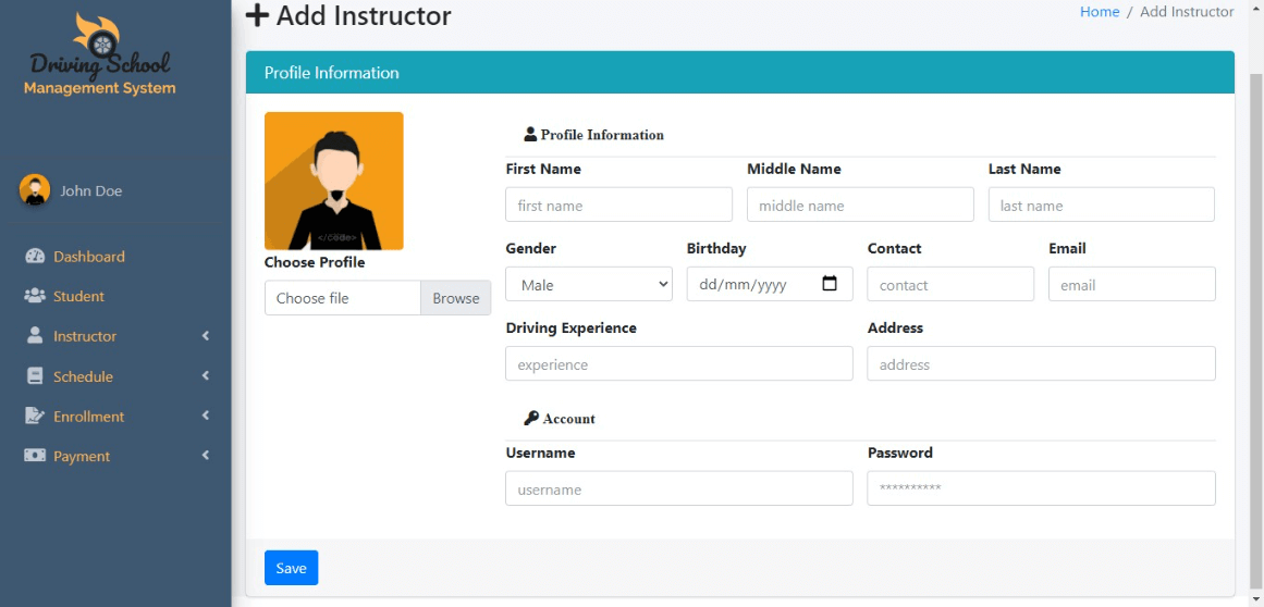 Free Driving School Management System Template - Instructor Information