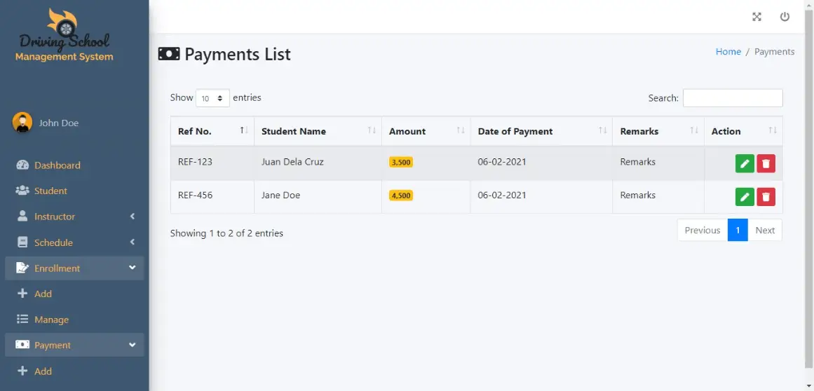 Free Driving School Management System Template - Payment List