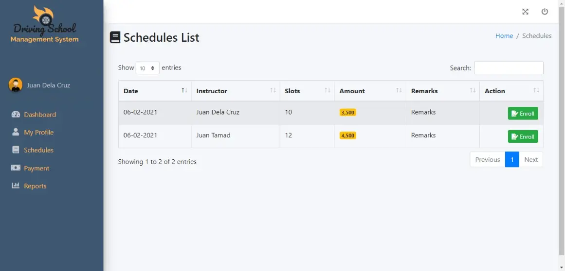 Free Driving School Management System Template - Select Driving Schedule