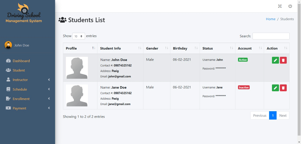 Free Driving School Management System Template - Student List