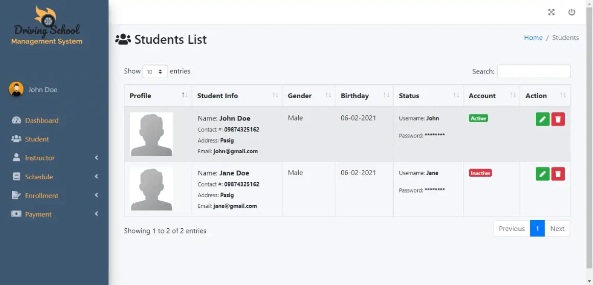 Free Driving School Management System Template - Student List