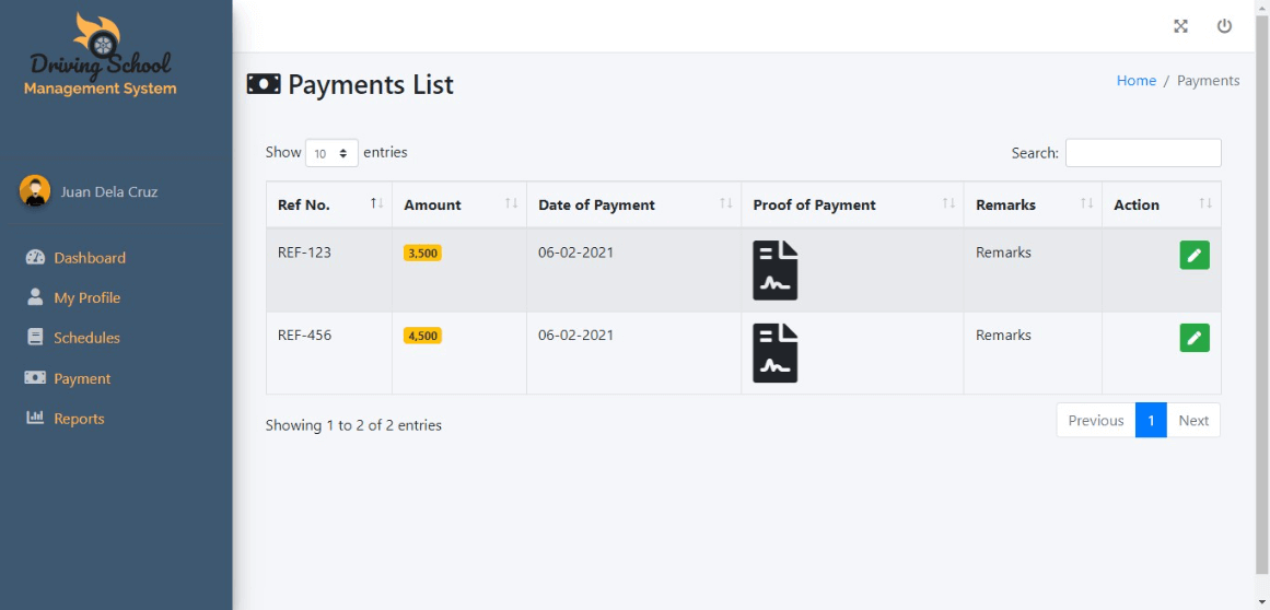 Free Driving School Management System Template - Student Payment History