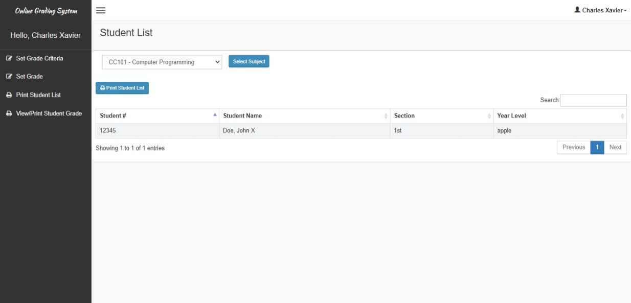 Free Online Grading System with Grade Viewing in PHP and MySQL - Faculty Master list