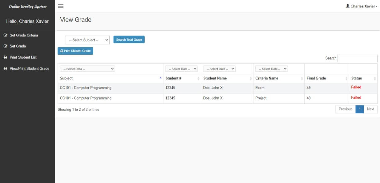 Free Grading System in PHP and MySQL - Faculty Print Grades