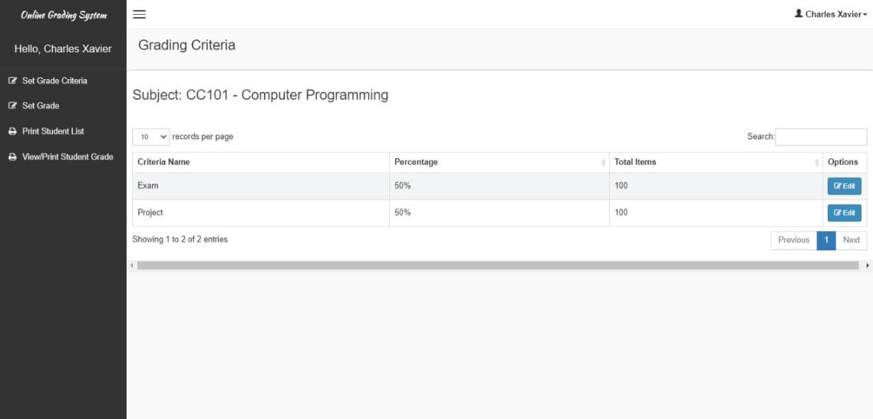 Free Online Grading System with Grade Viewing in PHP and MySQL - Faculty Set Grading Criteria