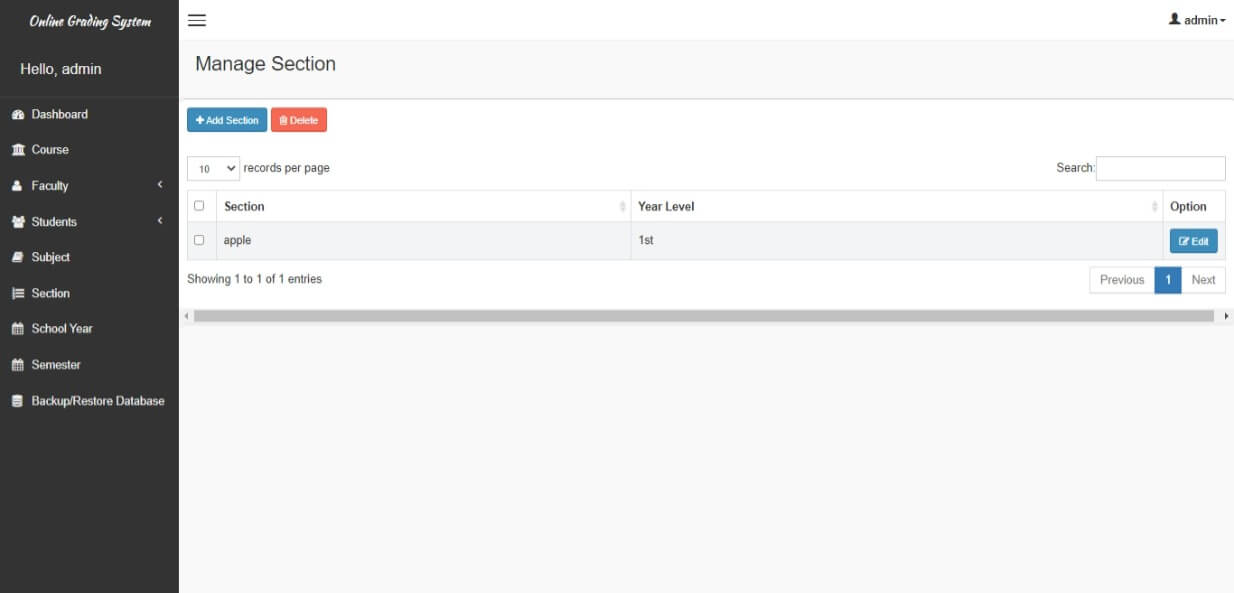 Free Online Grading System with Grade Viewing in PHP and MySQL - Section Setup