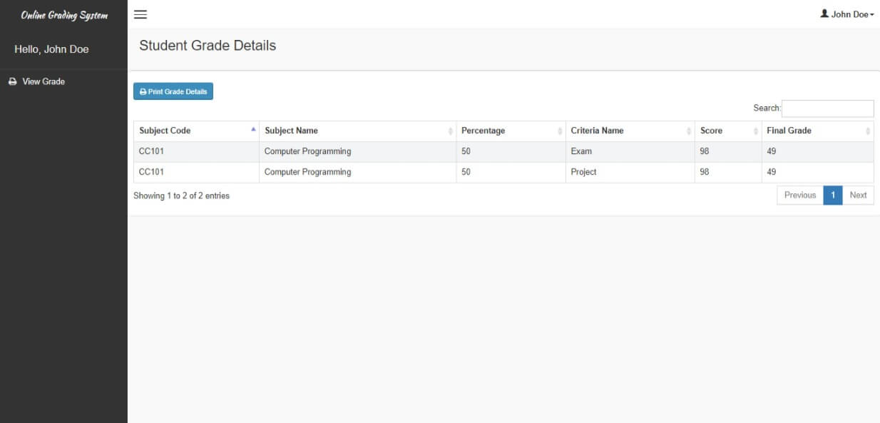 Free Online Grading System with Grade Viewing in PHP and MySQL - Student Grade Details