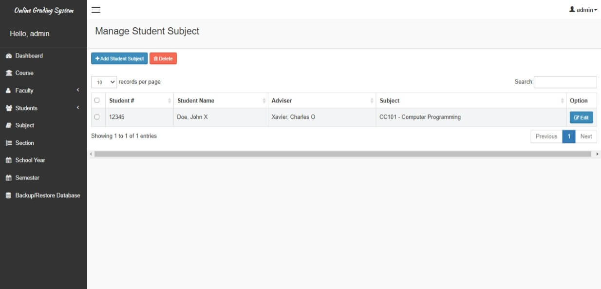 Free Online Grading System with Grade Viewing in PHP and MySQL - Student Subject