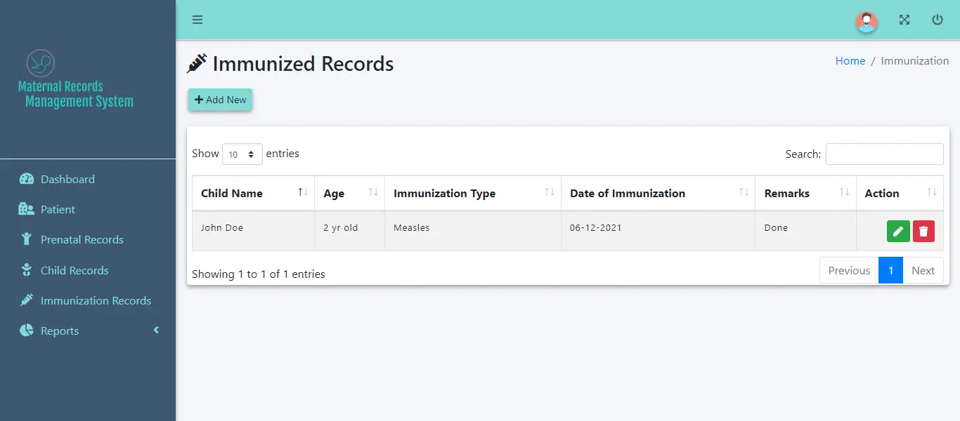 Maternal Records Management System - Child Immunization Record