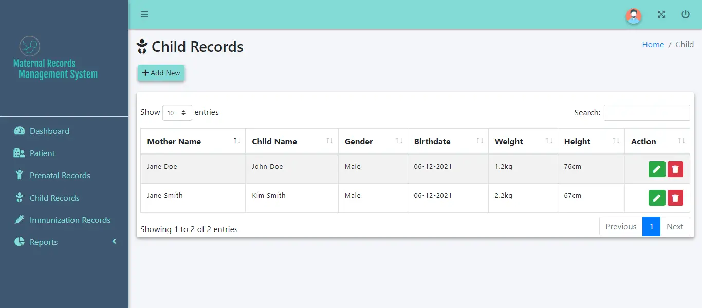 Maternal Records Management System - Child Records