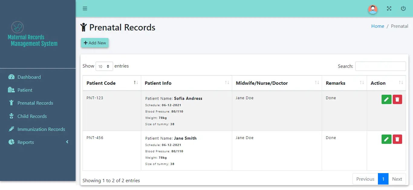 Maternal Records Management System - Prenatal Records
