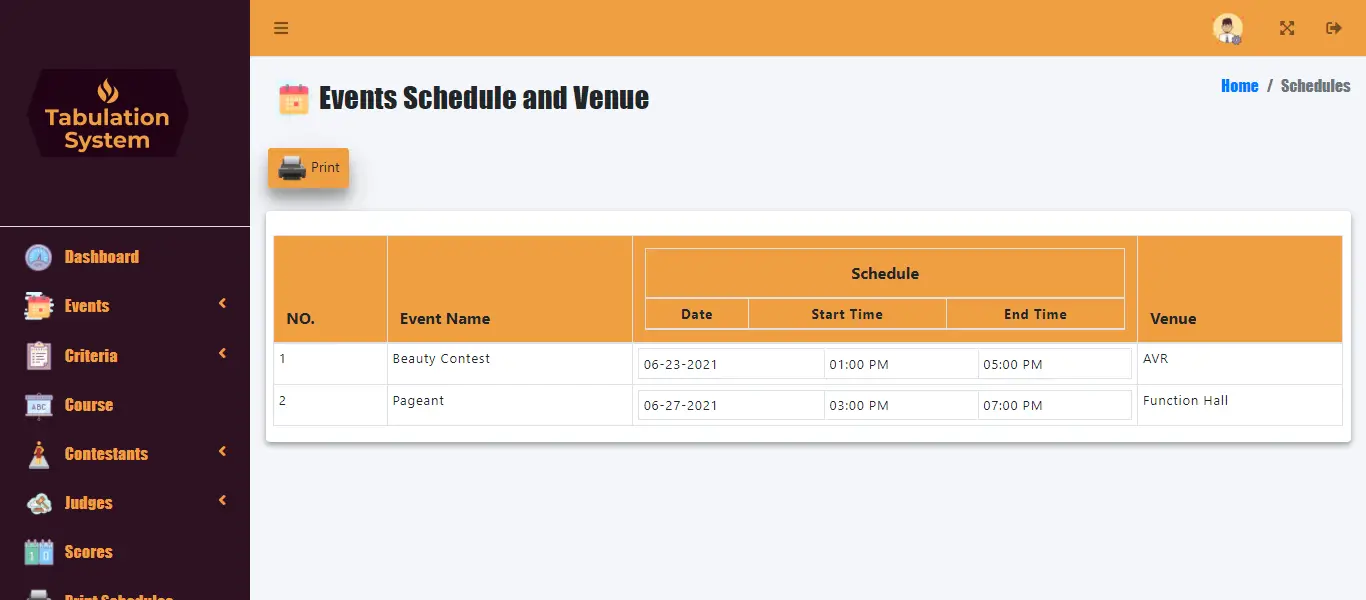 Online Tabulation System Free Download - Event Schedule