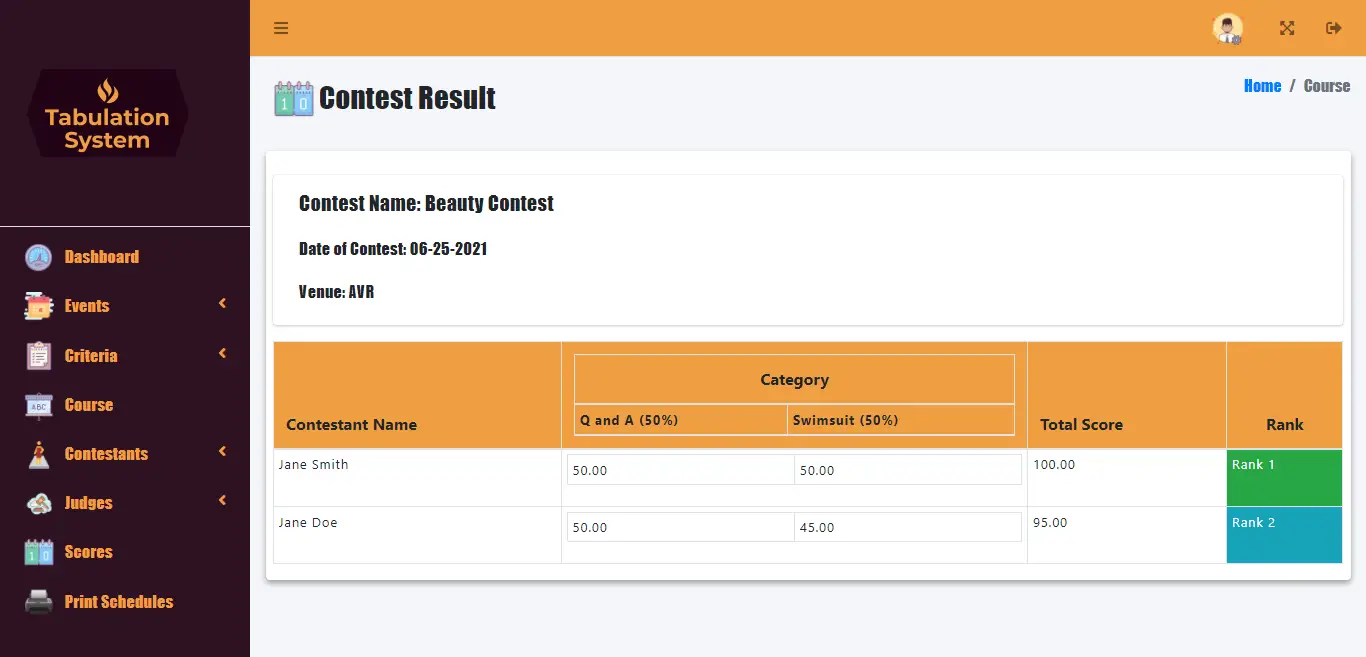 Online Tabulation System Free Download - Event Score Report