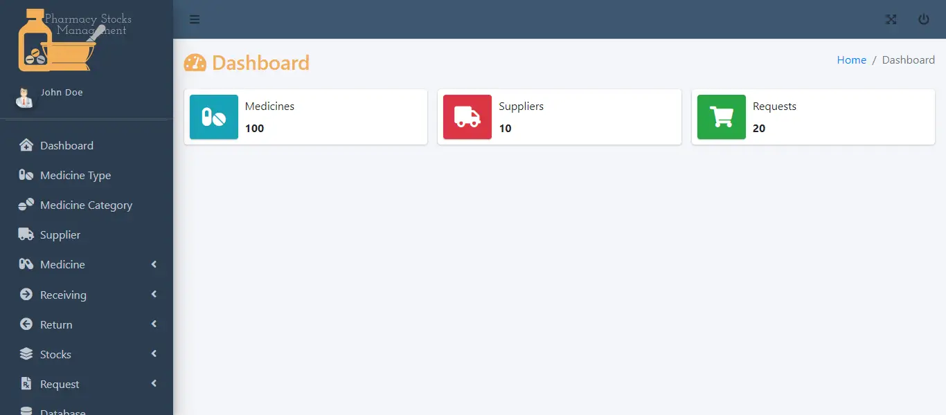 Pharmacy Stocks Management Free Template - Dashboard