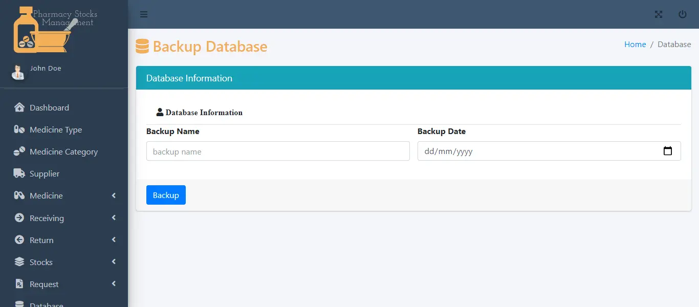 Pharmacy Stocks Management Free Template - Database Backup Module