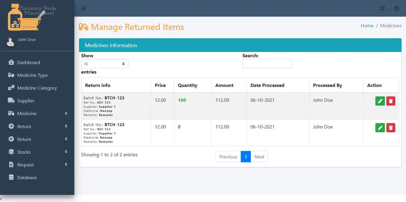 Pharmacy Stocks Management Free Template - Item Return Module