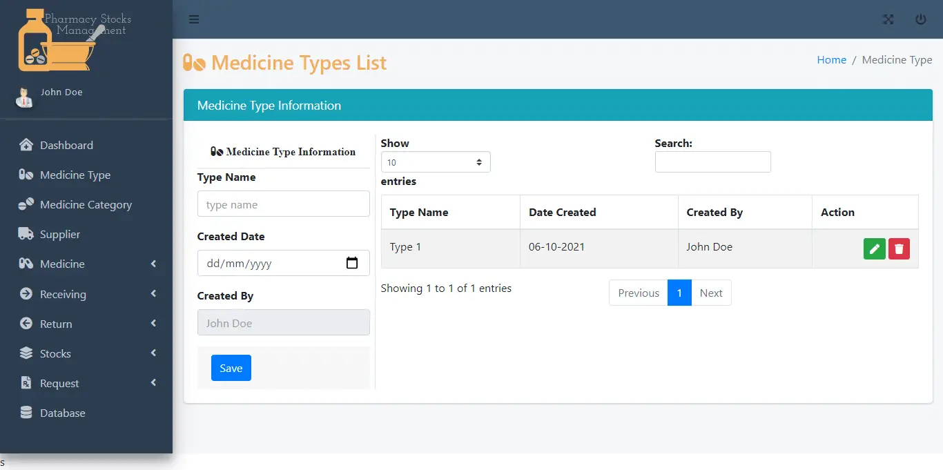 Pharmacy Stocks Management Free Template - Medicine Type