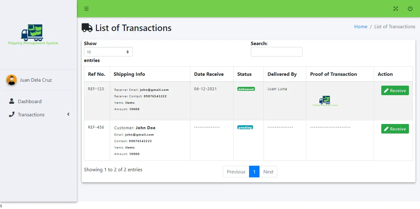 Shipment Management Information System Free Download - Customer List of Transactions