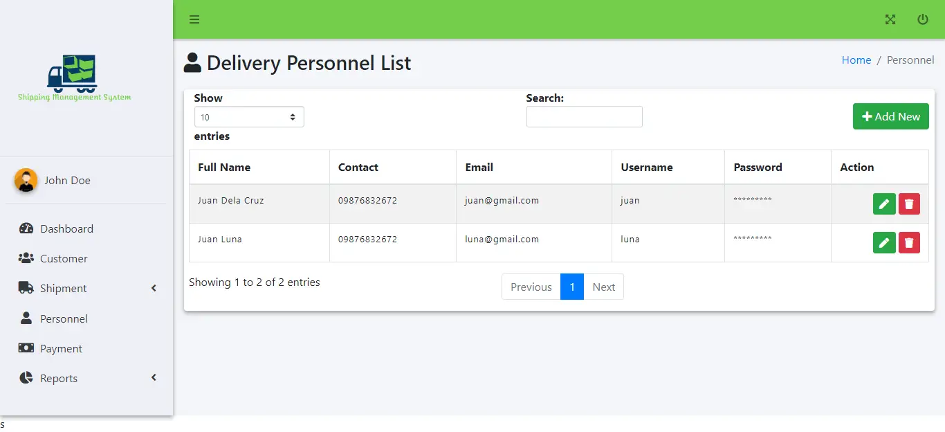 Shipment Management Information System Free Download - Delivery Personnel