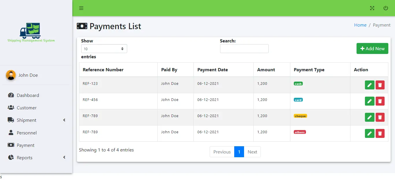 Shipment Management Information System Free Download - Payment List